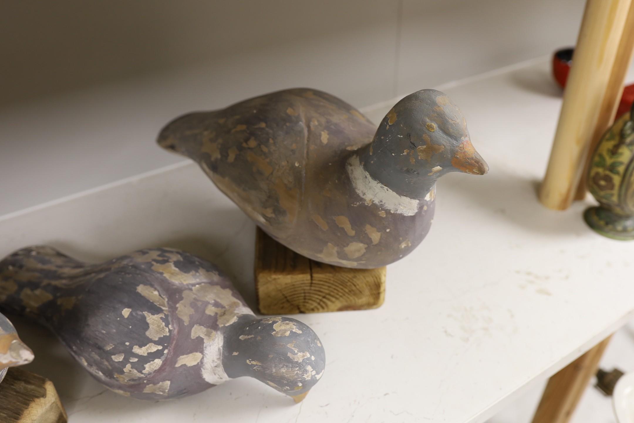 Four painted and carved pine decoy pigeons, largest 45cm long